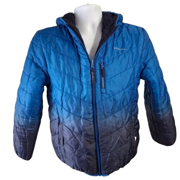 Eddie Bauer Youth Hooded Jacket L 14/16 Blue Ombre Reversible Sherpa Puffer - Picture 2 of 9